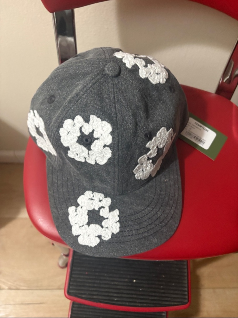 Denim tears Charcoal Baseball Cap with White Floral Appliqués